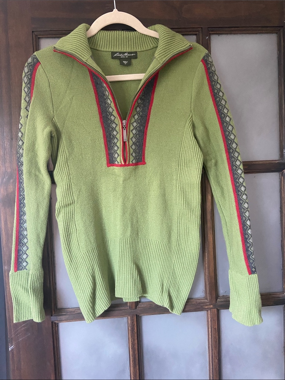 Eddie Bauer 100% Merino Wool Green Half-Zip Sweater with Red and Gray Accents